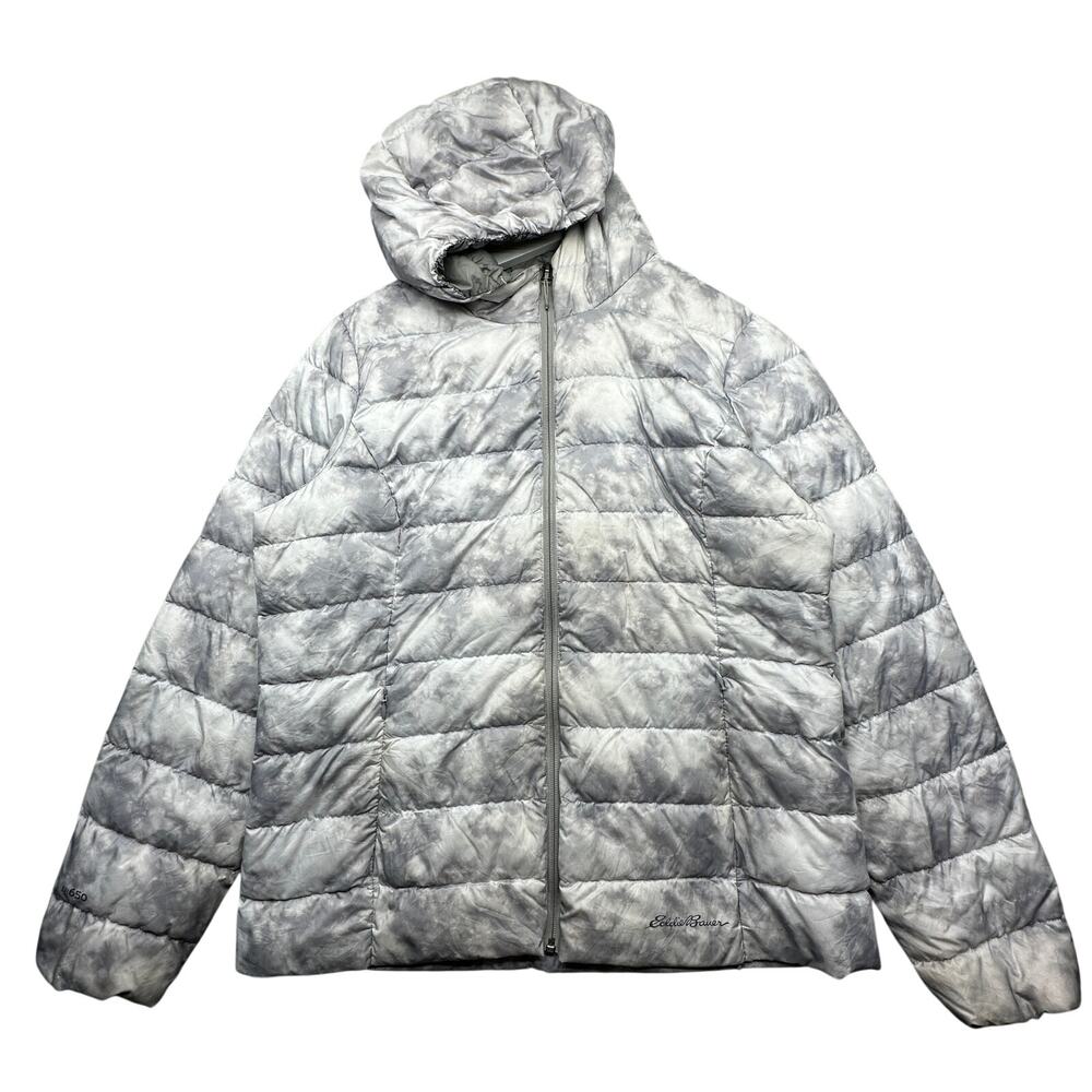 Eddie Bauer EB650 CirrusLite Down Hooded Puffer Jacket Womens Large Gray Cloud